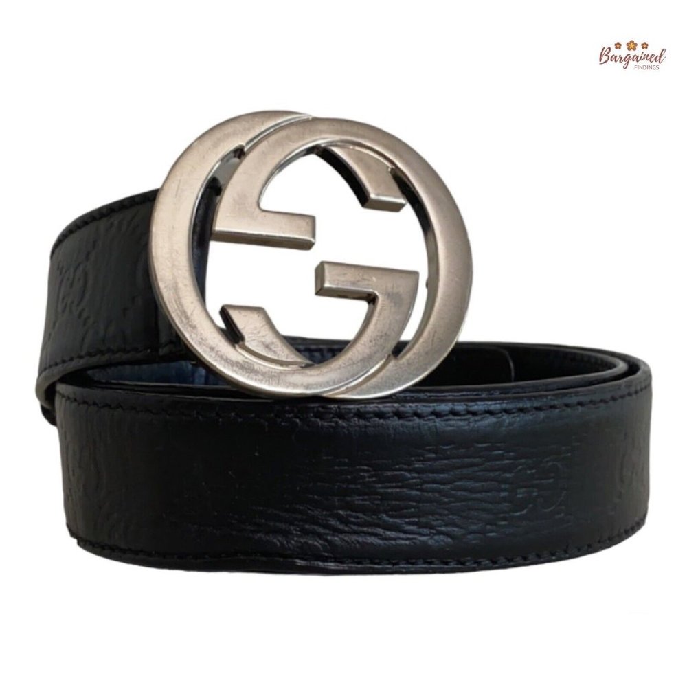 Authentic Gucci Black Guccissima Leather Silver Interlocking G Buckle Belt 95/38